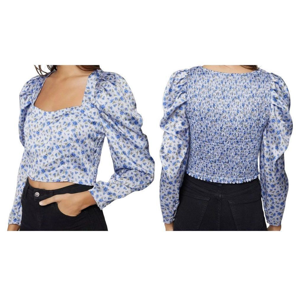 Lost & Wander Violetta Sweetheart Neck Balloon Sleeve Smocked Floral Top Lg NEW
